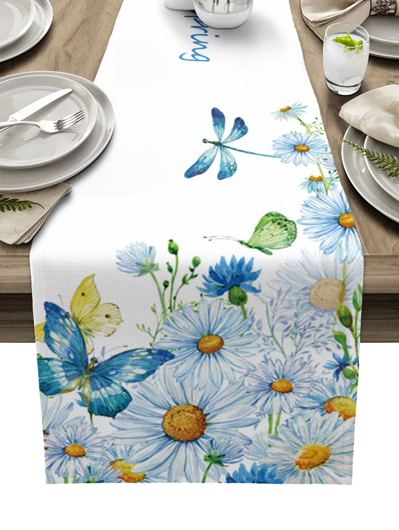 

Настольная дорожка с маргариткой, бабочкой, стрекозой, украшение для дома, украшение для обеденного стола, Настольная дорожка с кисточкой