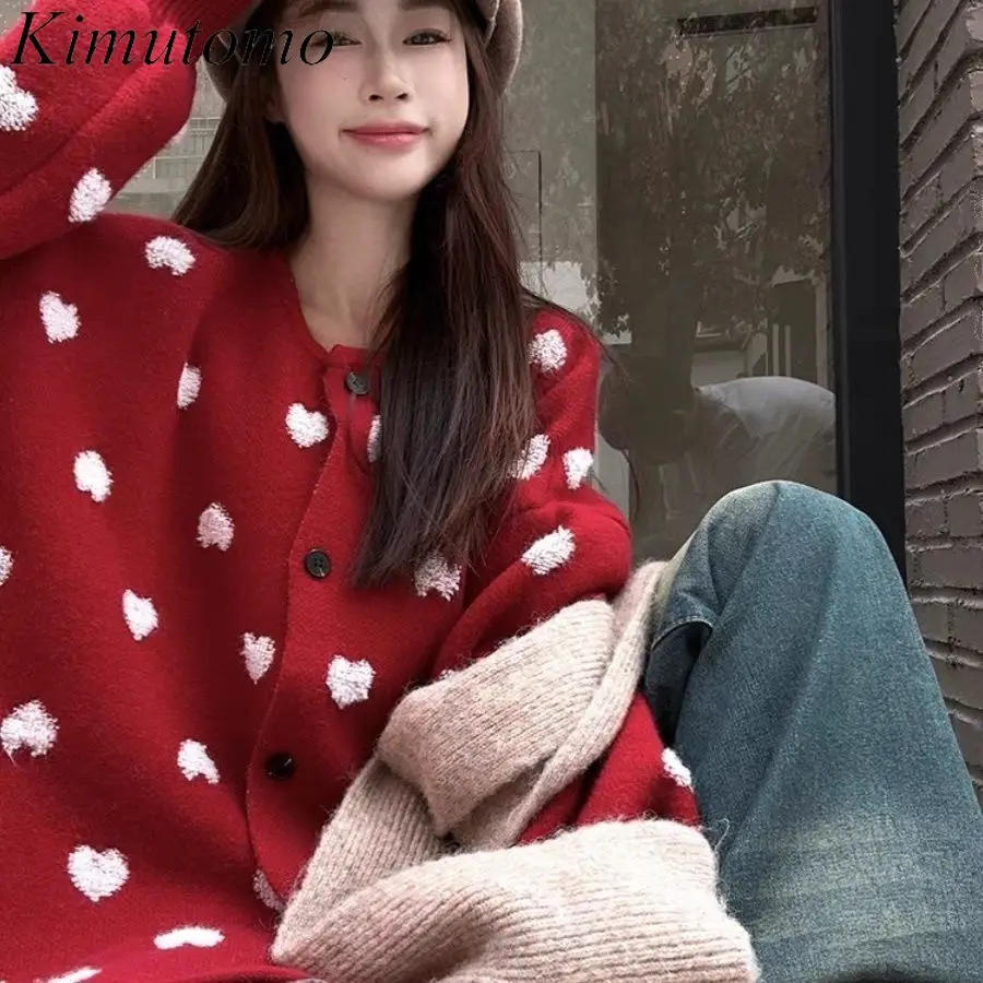 Kimutomo жаккардовый кардиган большого размера с сердечком женский контрастный