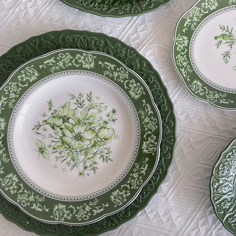 

Рельефная керамическая посуда в стиле ретро «Мэри», чернильно-зеленая, тарелка, чашка для кофе, чайник, роскошные креативные блюда, наборы о...