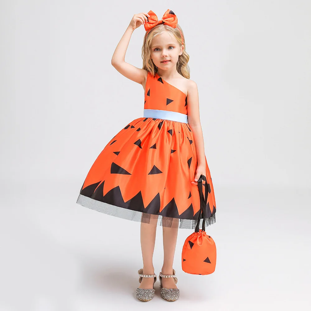 

3-10 Years Kids Halloween Party Dress For Girls Pumpkin Witch Cosplay Halloween Pattern Princess Dress Children Carnival Costume