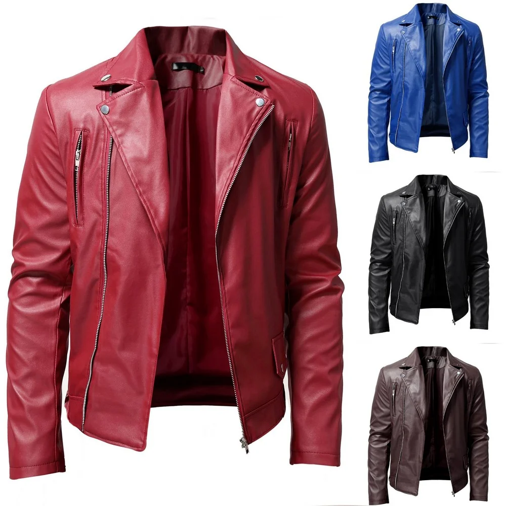 

Мужская куртка из искусственной кожи, однотонная Повседневная приталенная куртка на молнии с длинным рукавом и отложным воротником, мотоциклетная кожаная куртка, Мужская одежда