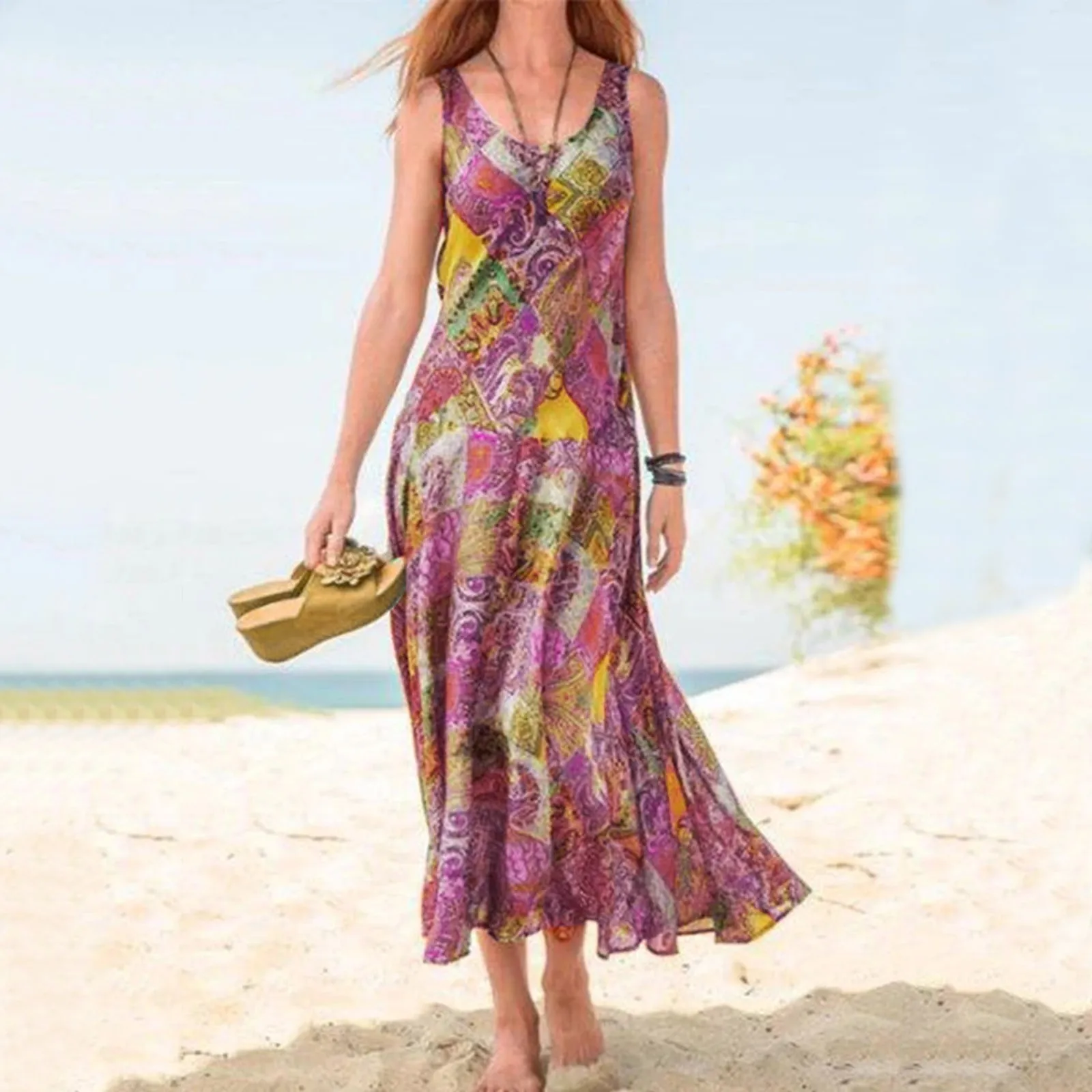 

Plus Size Women Vintage Print Long Dress Summet Sexy Sleeveless O-neck Tank Robe Maxi Dress Boho Beach Holiday Sundress Vestidos