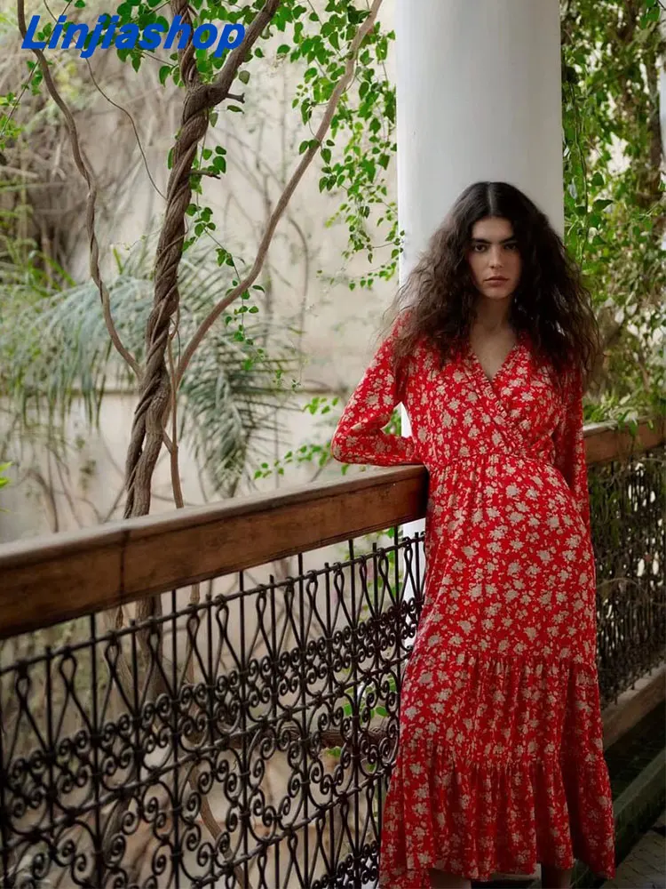 

Женское длинное платье с цветочным принтом, красное свободное платье средней длины с V-образным вырезом и оборками, элегантное эластичное п...