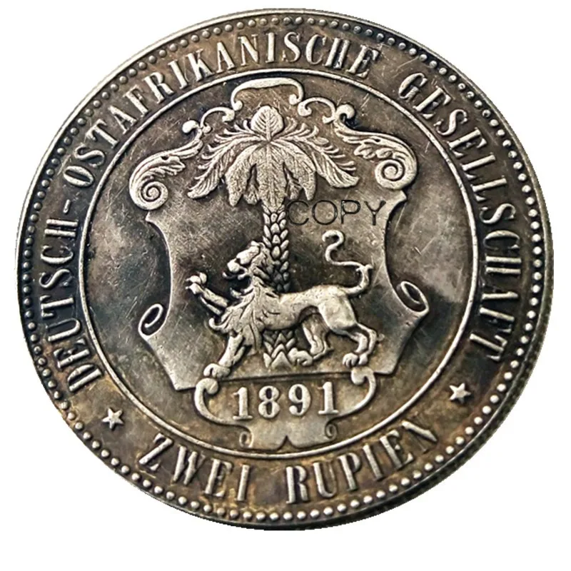 1891 г., император 1 Rupie Coin Guilelmus II, Посеребренная копировальная монета, Германия, Восточная Африка 1891 г., император 1 Rupie Coin Guilelmus II, Посеребренная копировальная монета, Германия, Восточная Африка