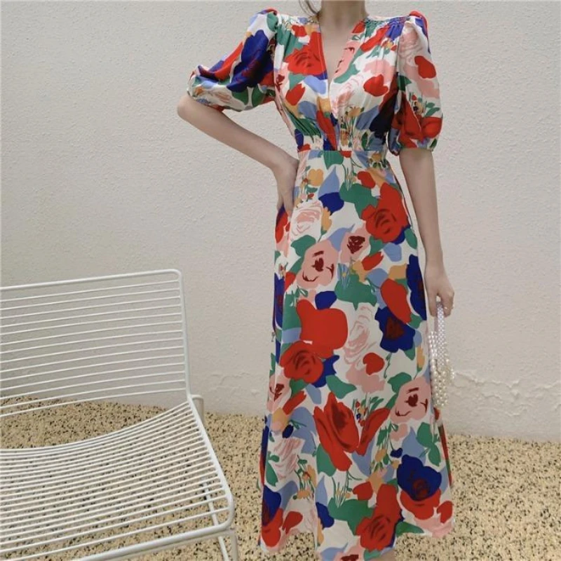 

Women V Neck Short Sleeve Floral Print A-line Dress 2022 New Fashion Summer Slim Casual Party Clothing Korean Vestidos D832