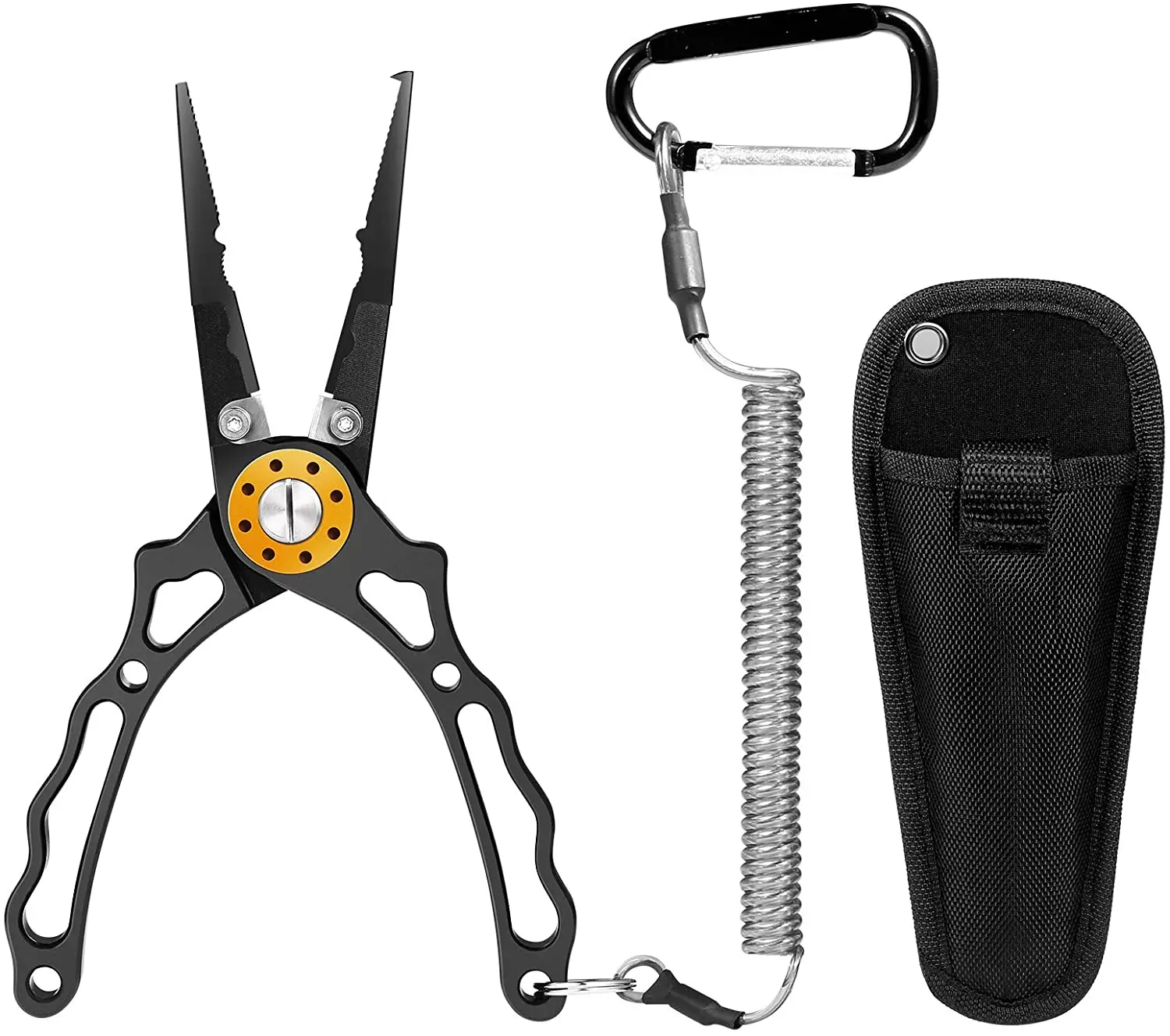 

Fishing Pliers Fishing Tools Split Ring Opener Hook Removers Tungsten Carbide Line Cutters with Coiled Lanyard and Sheath