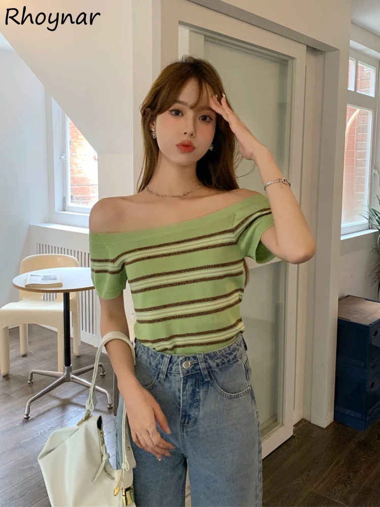 

Knitted Striped Slash Neck T-shirts Women Girlish Temperament Slim Sexy Cute Summer Ropa Mujer Ulzzang Retro Tops Stylish New