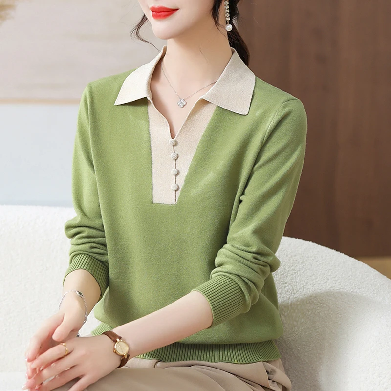 Новинка Женский вязаный свитер с длинным рукавом и отложным воротником пуловер