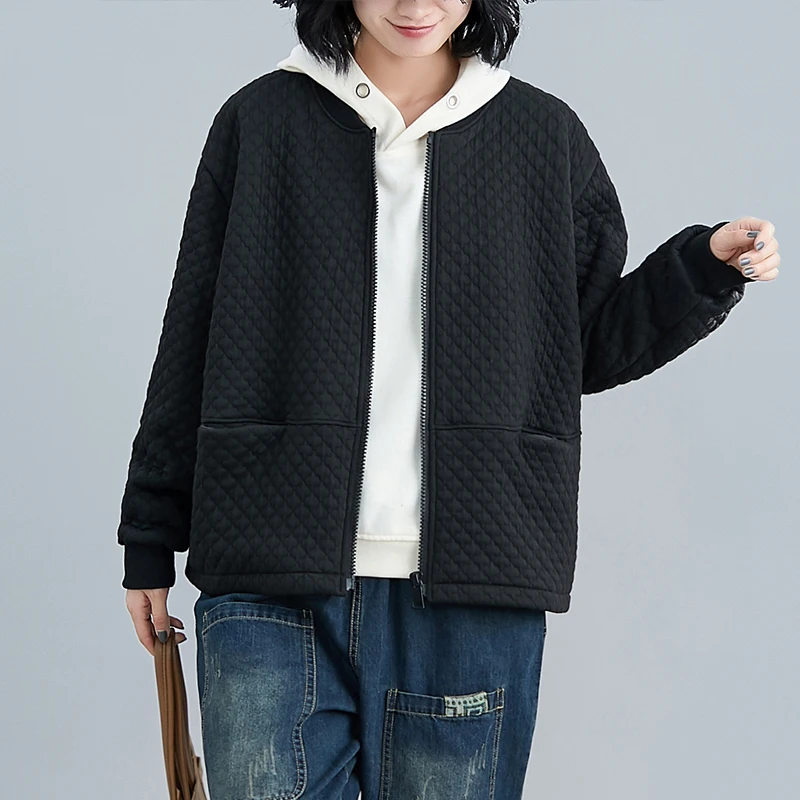 

winter new cotton women coat solid o-neck loose zipper solid black female lady elegant outwear jackets tops