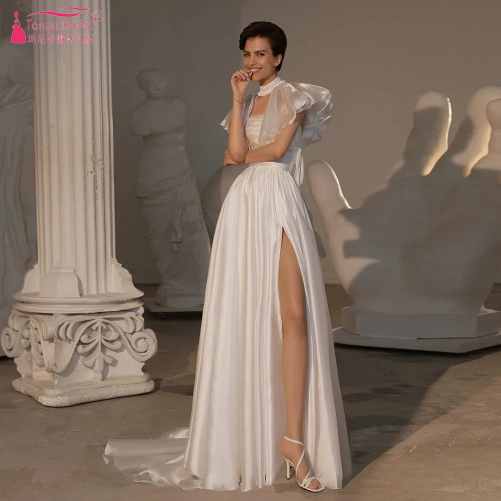 

Sparkly Organza Wedding Dresses High Split Boho Bridal owns A Line Vestido De Noivas ZW682