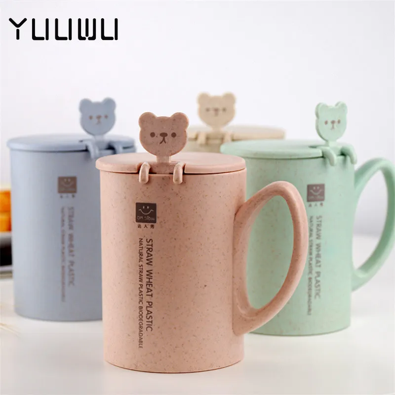 

1pcs Creative Wheat Straw Leisure with Lid Water Cup Cartoon Bear Spoon Student Office Home Coffee Milk Tea Cup