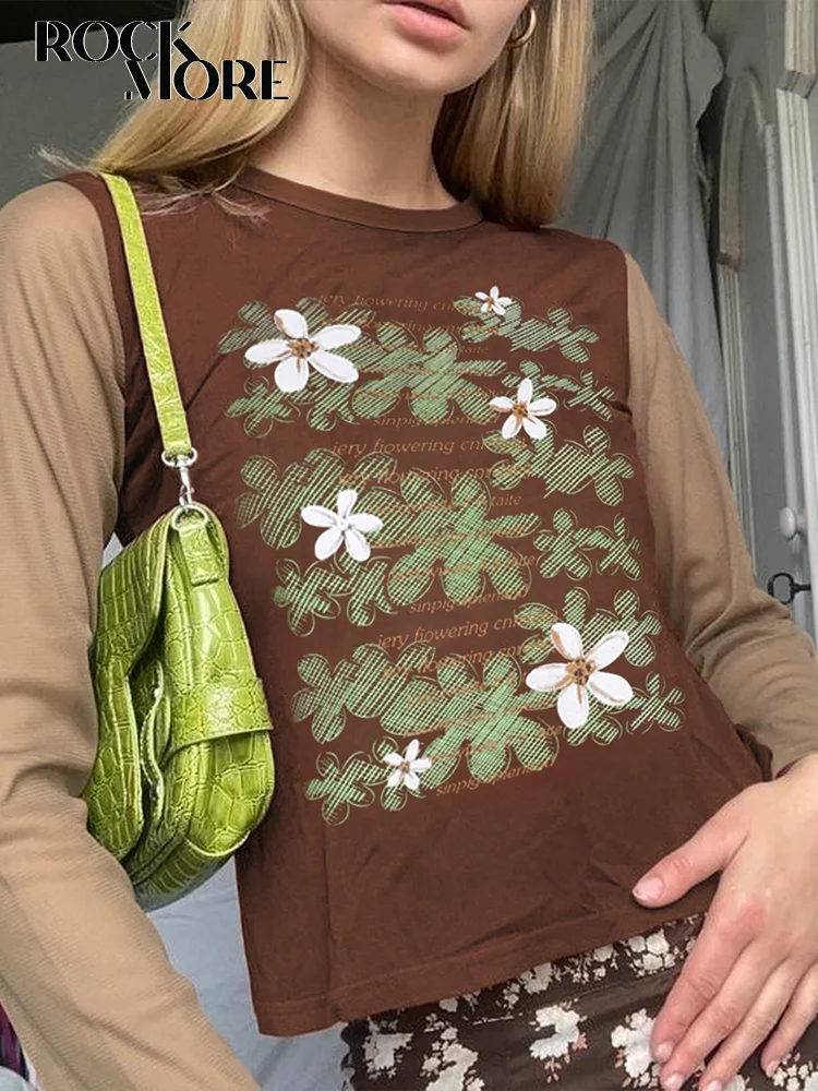 

Rockmore Floral Print T-shirt for Women Mesh Long Sleeve Brown Y2K Patchwork Crop Top Aesthetic Casual Tee Shirts Fairy Grunge
