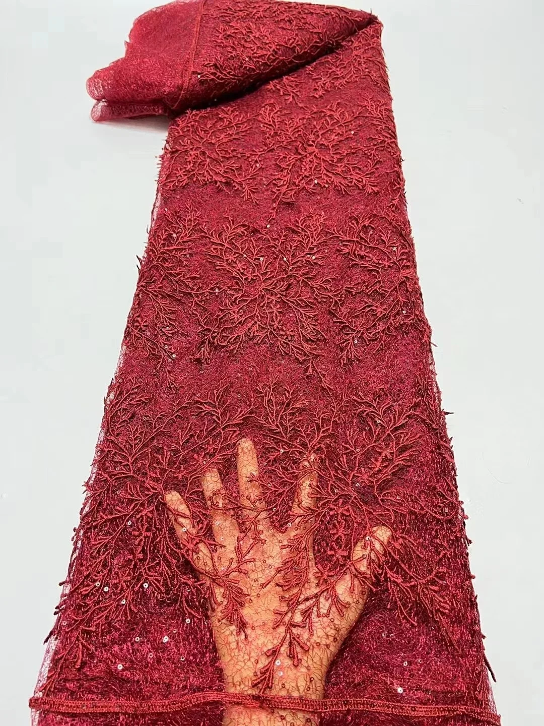 

2023 African High Quality Lace Fabric Latest Red French Net Sequin Fabric Sewing Embroidered Lace in Tulle Nigeria Fabric