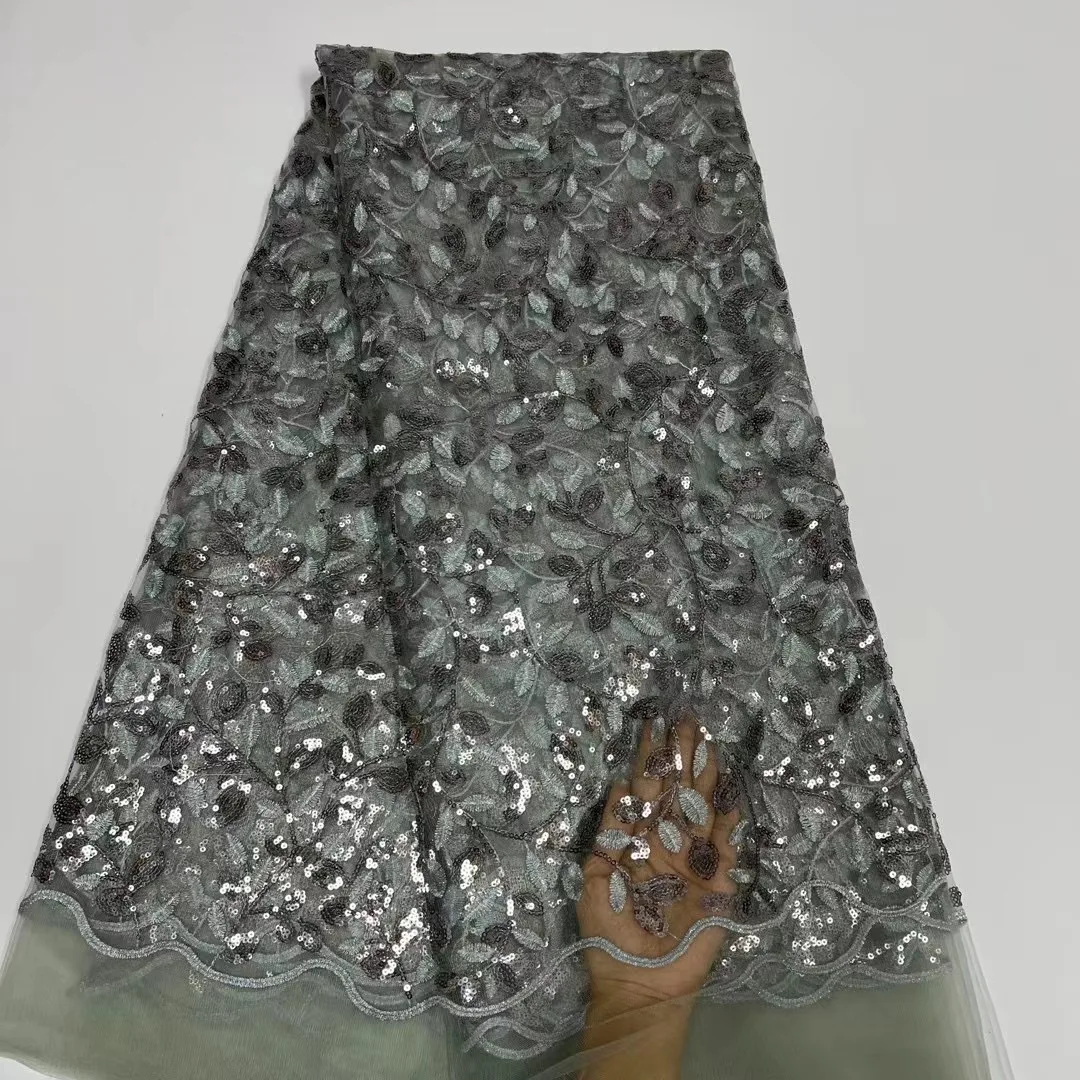 

Fashion French Hot Sale Gray Sequins Net Mesh Lace Fabric 2022 High Quality Tulle Fabric Nigerian For Women Bridal Wedding Dress