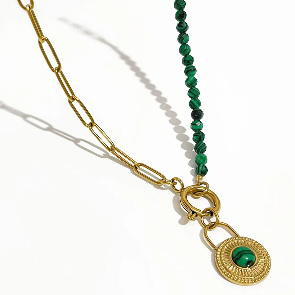 

Peri'sBox Stainless Steel Golden Paper Clip Chain Malachite Beads Coin Pendant Clasp Necklace Women Natural Stone Lariat Collar