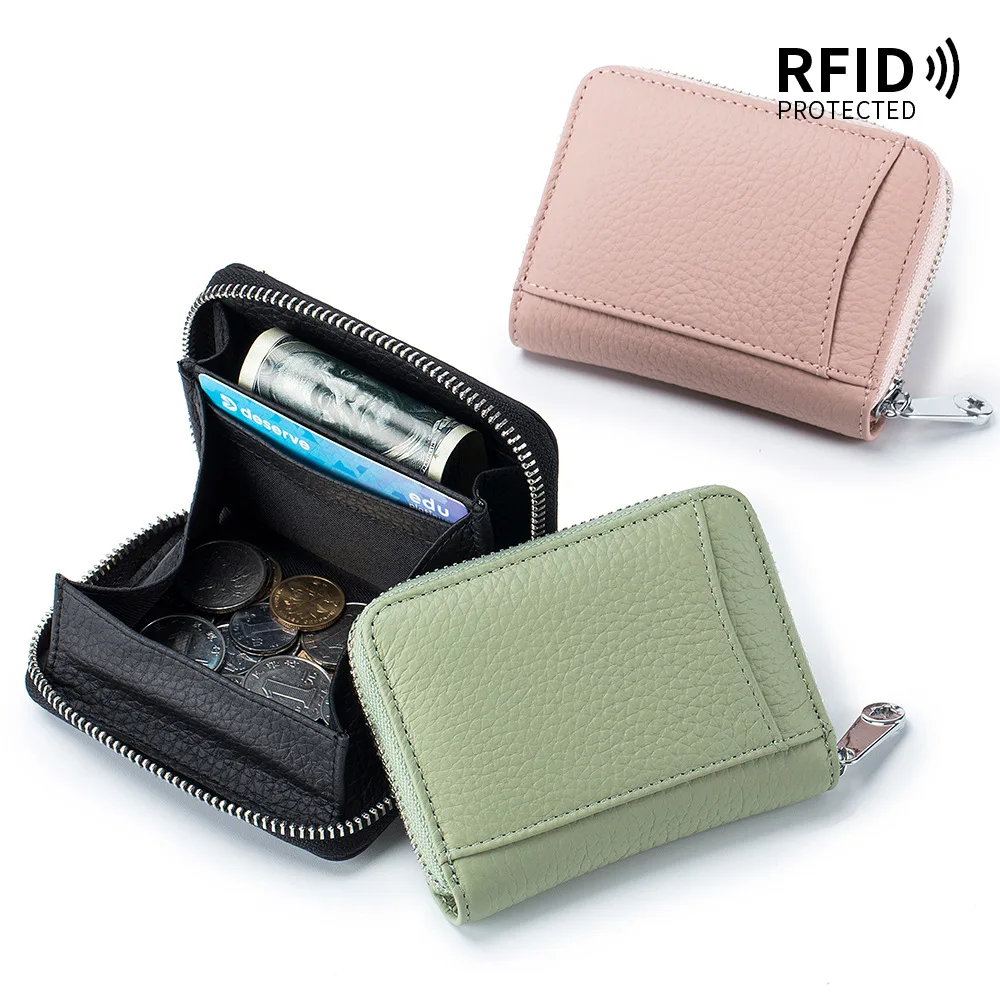 RFID Protected Anti-Scanning Real First Layer Cow Leather Mini Purse Portable New Cash Coin Holder Short Zipper Wallet Bag