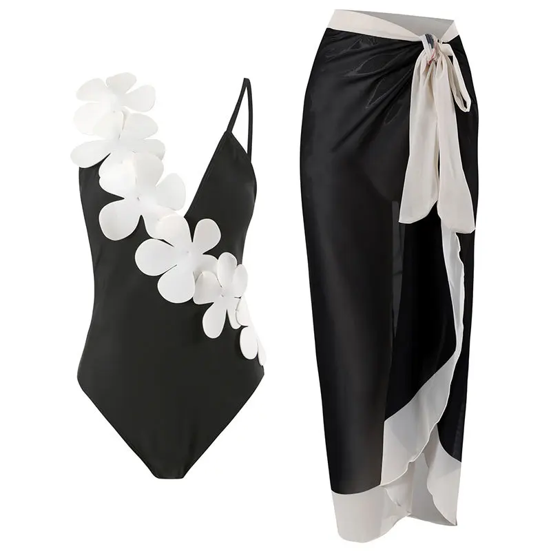 

2023 Sexy Black One Piece Swimsuit Women Swimwear White Floral Bathing Suit Female Swim Beach Wear Backless Monokini Bodysuit