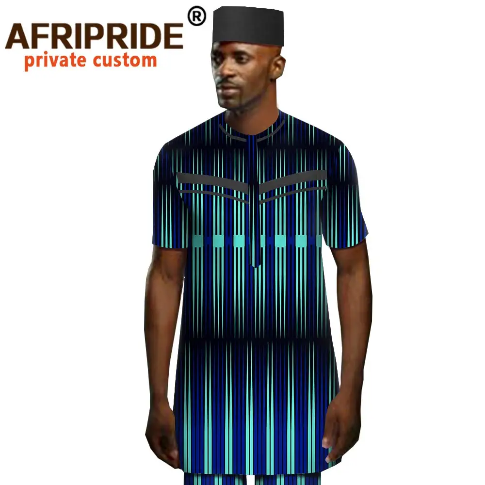 African Men Clothing Dashiki Print Shirts Ankara Pants and Tribal Hat 3 Piece Set Triditional Outfits Attire AFRIPRIDE A1916069B