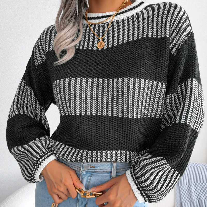

Spring Vintage O-neck Knitted Contrast Color Stripe Pullover Autumn Casual Loose Sweater Long Sleeve Fashion Women Tops 23283