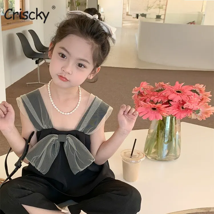 

Baby Set for Girls Spring Summer Infant Big Bow Mesh Suspenders Tops+solid Pants Suits Kids Baby Children Clothing