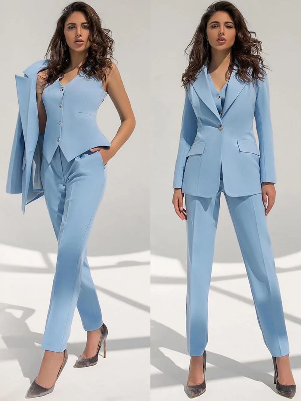 Light Blue Pant Suits Office Female Suit Women's Stylish Tuxedos Lady Slim Fit Casual 3 Pieces Blazer Vest Pants Set