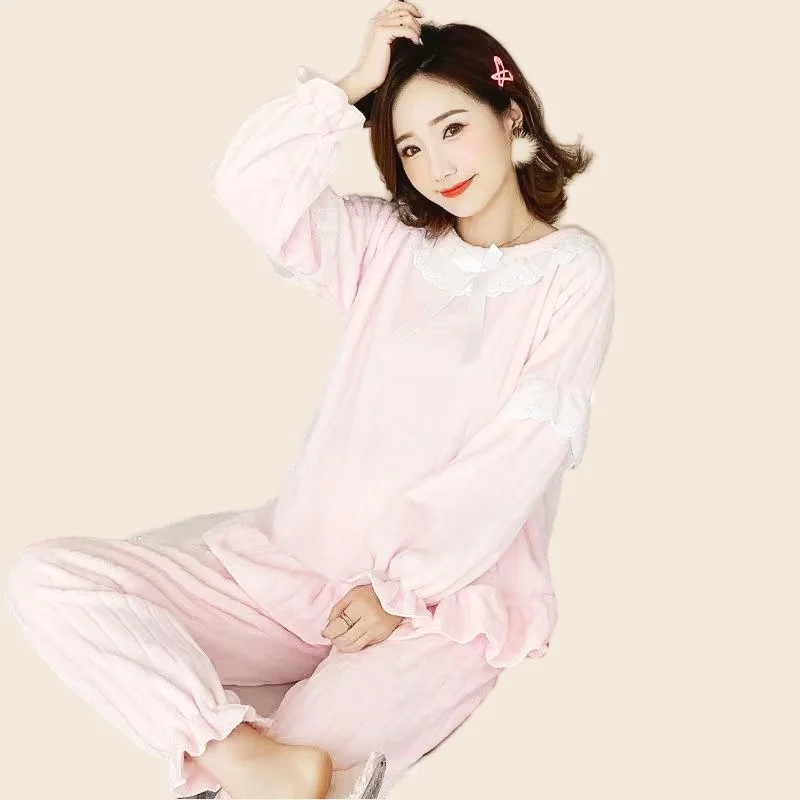 Women's Pajamas Set Princess Neck Full Sleeve Tops Long Pants 2Piece/Suit Winter Cute Pink Pyjama Big Size Cozy Warm Homewear
