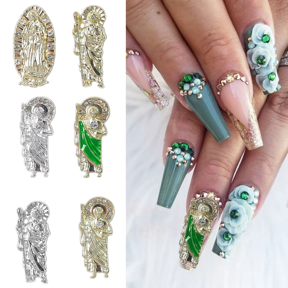 

10pcs Virgin Mary Nail Charms 3D Diamond Metal Nails Art Alloy Jewelry Cherub Nails Jesus Rhinestone Nail Art Decorations JE1172
