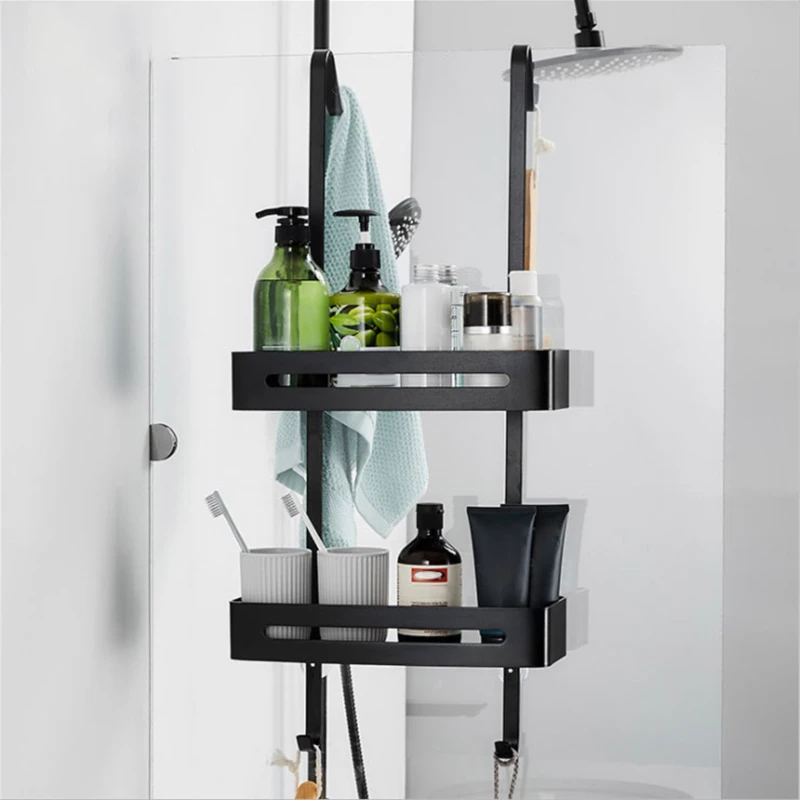 

Black Silver Hanging Bath Shelves Bathroom Shelf Organizer Nail-free Shampoo Holder Storage Shelf Rack Bathroom Basket Holder