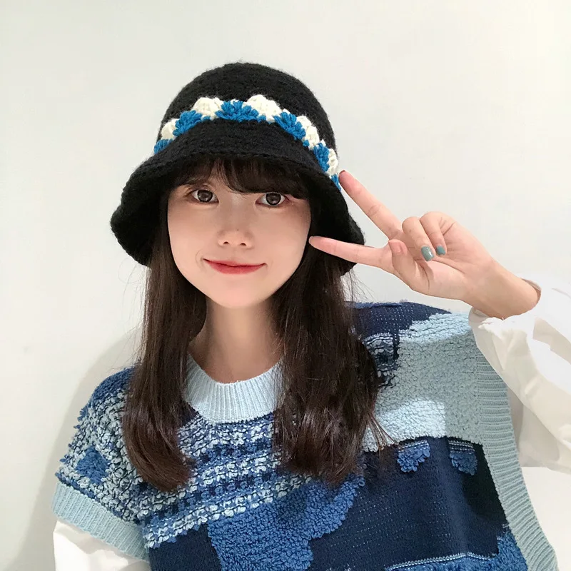 

Autumn and Winter Warm Knitted Fisherman Cap Hit Color Hook Flower Fashion Pot Hat Japanese Bucket Hats