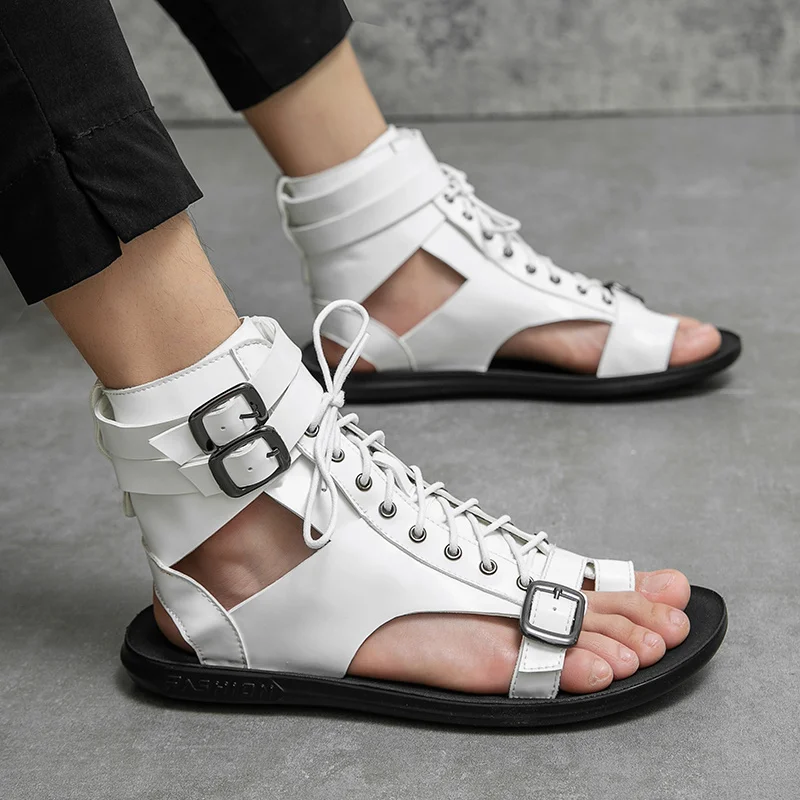 

2022 Summer Fashion White High-top Sandals Men Flat Leather Roman Sandal Man Lace-up Casual Designer Shoes Men sandalias hombre