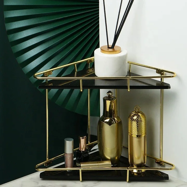 

Creative Marble Stainless Steel Triangle Dessert Table Cosmetic Shelf Skin Care Product Display Storage Double Dessert Table