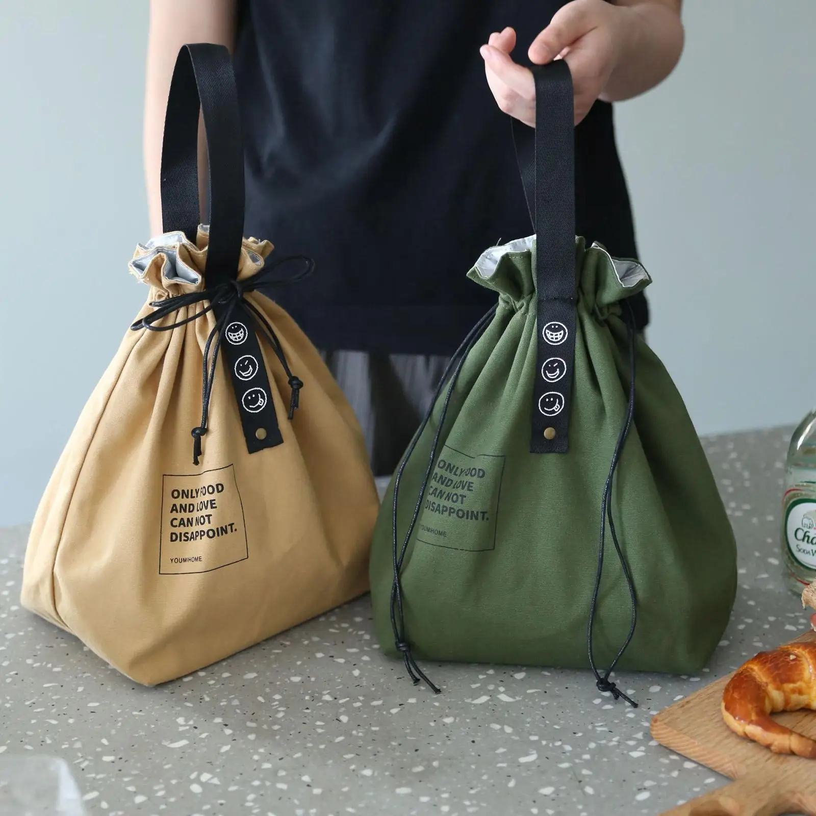 

Insulated Bento Bag Wide Opening Canvas Drawstring Picnic Handbag Storage School Box Camping Kitchen Bag Accessories Lunch U4L6