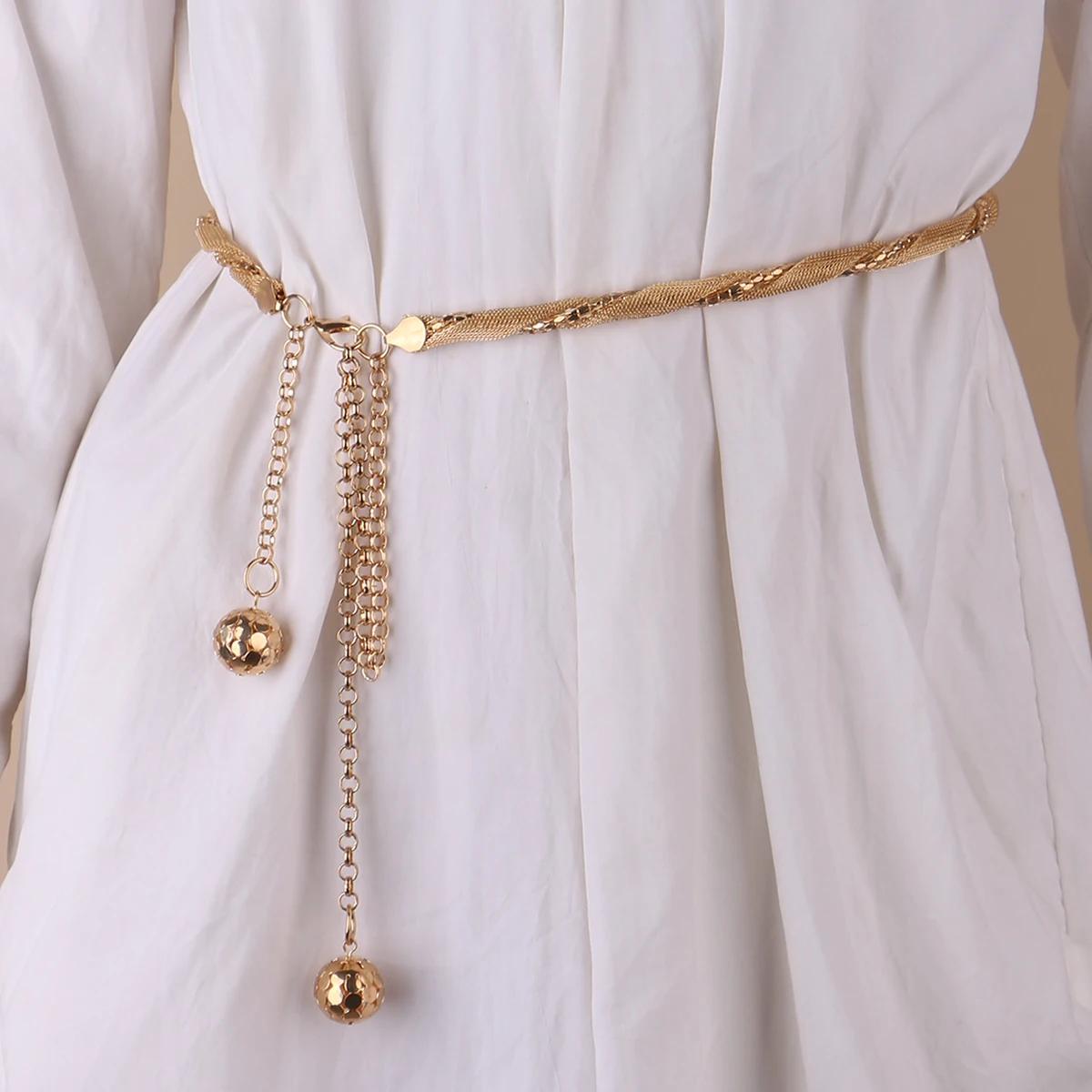 Network Woven Metal Rope Gold Chain Belts For Women Fashion Ball String Ending Thin Ladies's Waistband Decorate on Dress Shirt