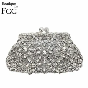 Boutique De FGG Цветок Корона минодьер клатч серебряный кристалл вечерняя сумочка женские Вечерние Сумка на выпускной бал свадебные клатчи Свадебный Кошелек