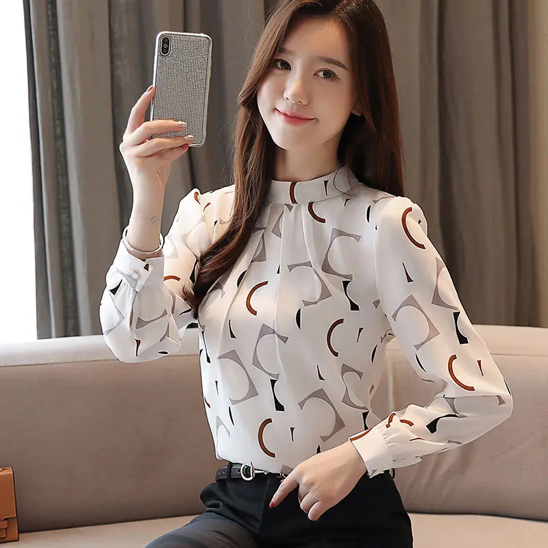 Female Pullovers Printed Tops Stand-up Collar Loose Chiffon Blouses Spring New Women Long Sleeved Bottoming Shirts