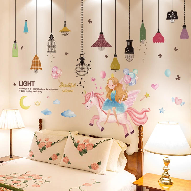 

[shijuekongjian] Cartoon Girl Animal Wall Stickers DIY Chandelier Lights Wall Decals for Kids Bedroom Baby Room Home Decoration