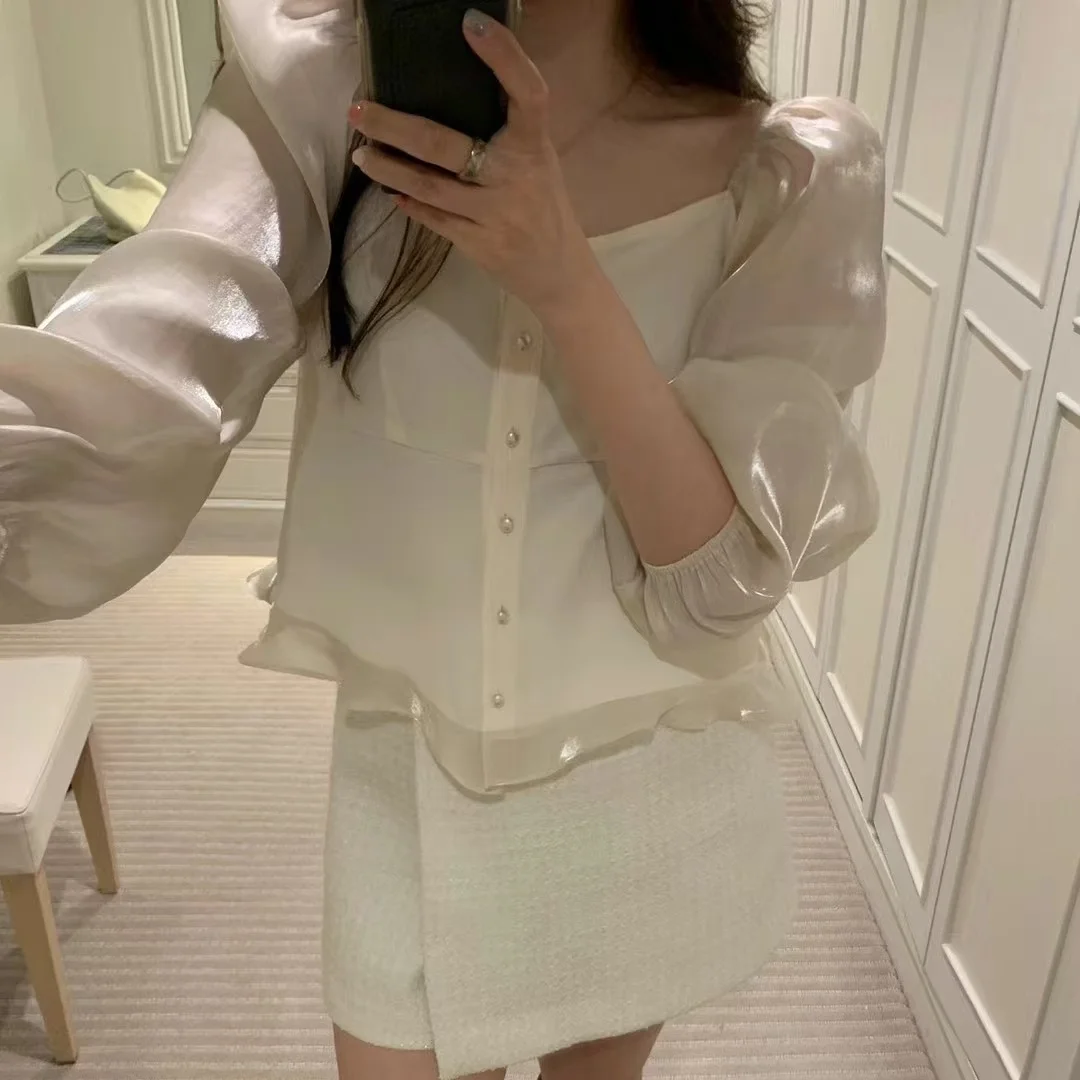 Корейская модная женская блузка с квадратным воротником и пуговицами