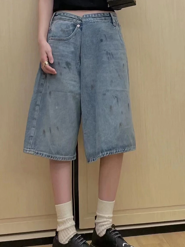 

2022 Summer New Paint Spots Wide Leg Pants Loose Button Five Points Denim Short Jeans Women