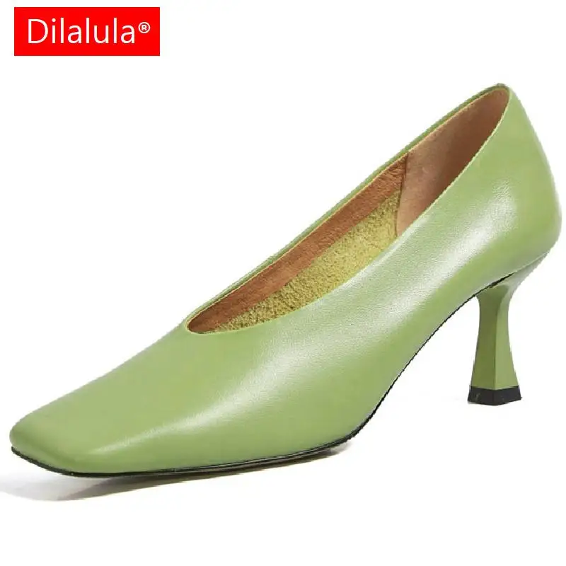 

Dilalula Concise Fashion Elegant Women Pumps Square Toe High Heels Genuine Leather Party Office Ladies Spring Summer Shoes Woman