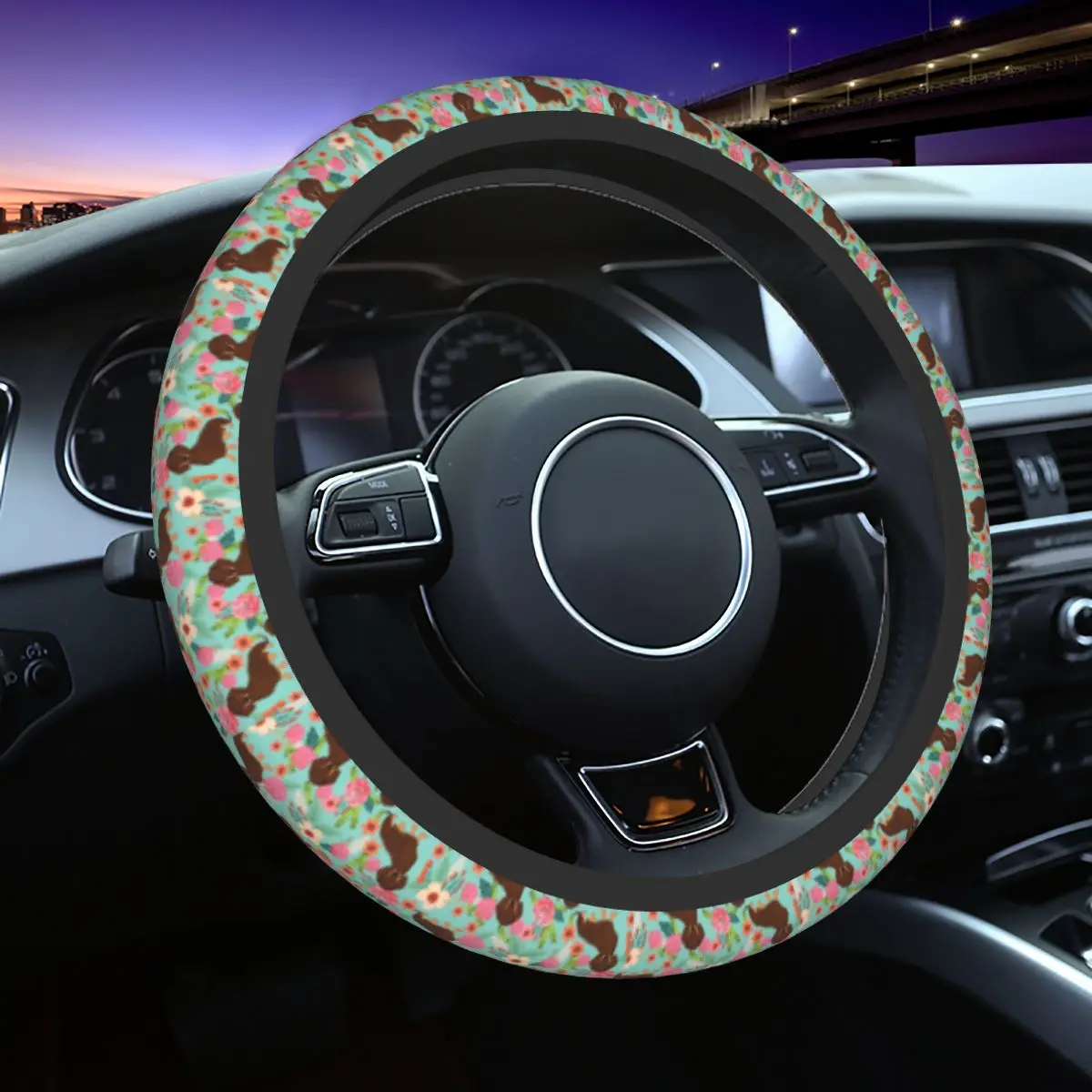 

Doxie Florals Dachshund Steering Wheel Cover Badger Sausage Dog Steering Wheel Protector Universal 14.5-15 Inch Car Accessories