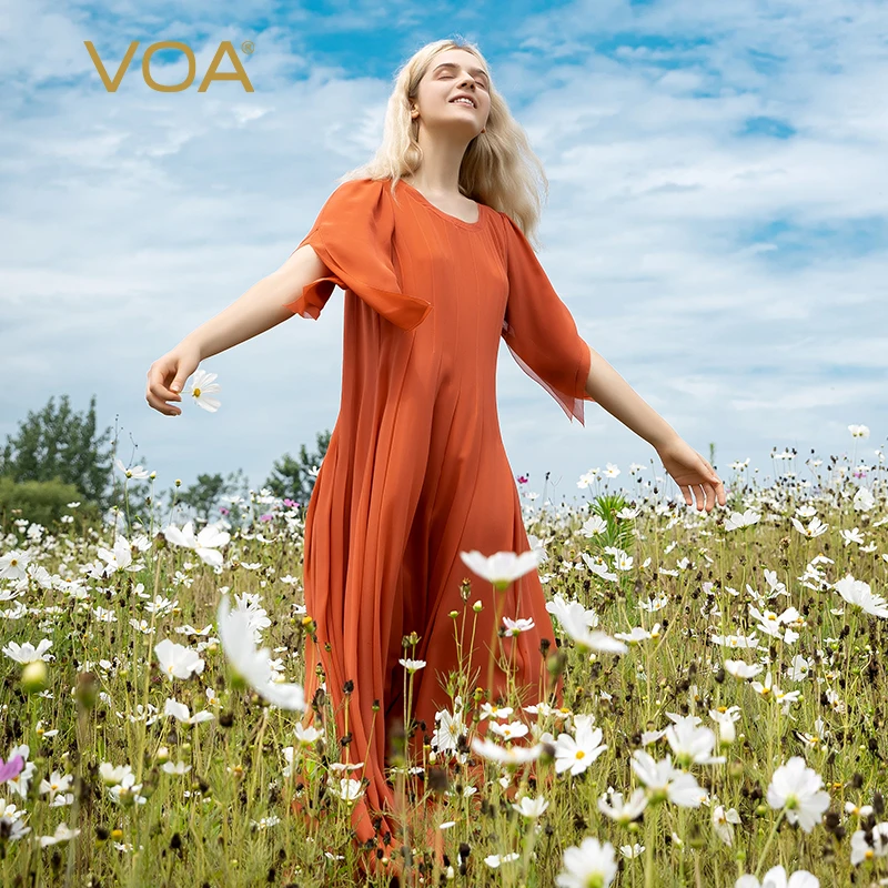 

VOA Georgette Mulberry Silk Rust Red Dresses Women O-neck Pair Silk Craft Point Puff Short-sleeved Summer Dress Vintage AE1513