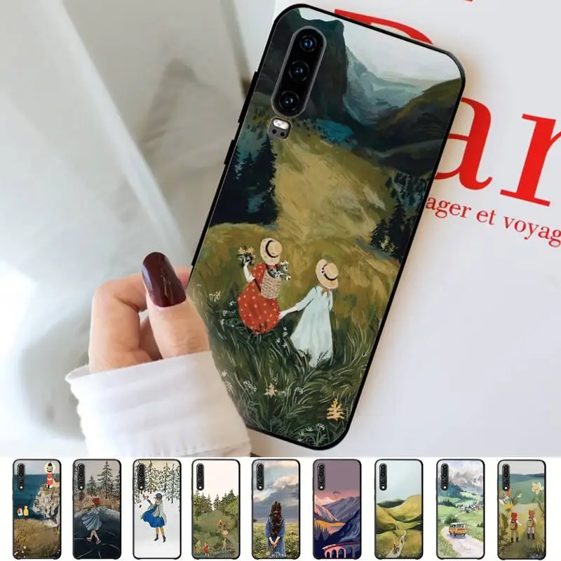 

FHNBLJ Cartoon Scenery Girl Phone Case for Huawei P30 40 20 10 8 9 lite pro plus Psmart2019