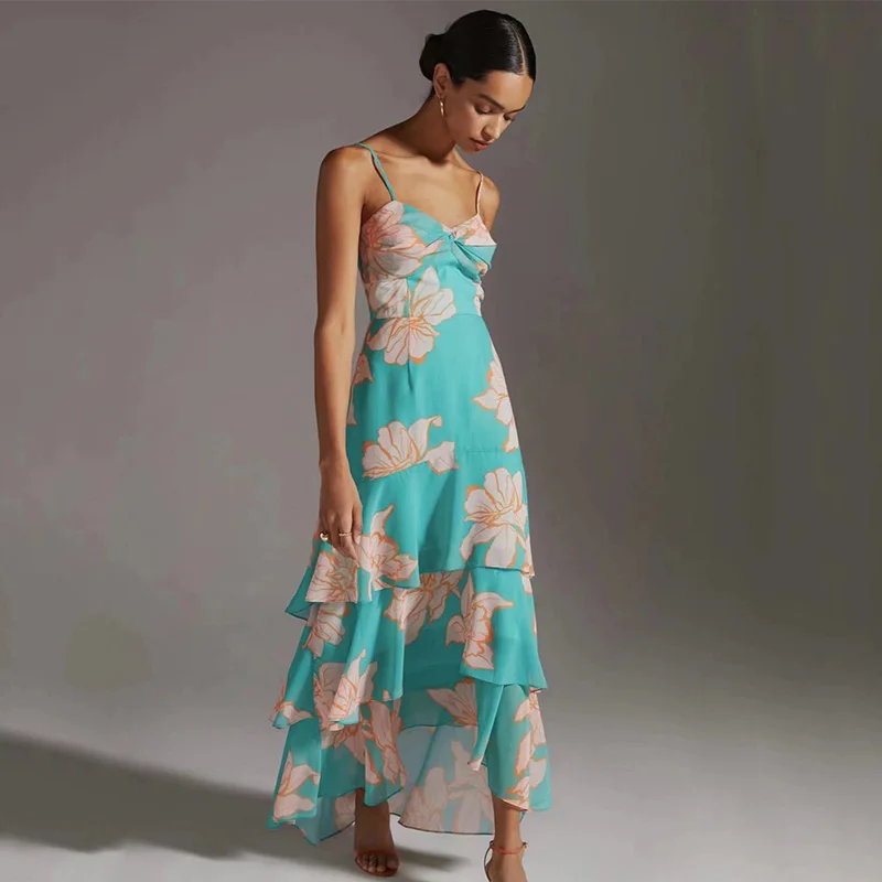 

Women's Fashion Sleeveless Sling Print Layered Sling Dresses Open Back Cake Dresses