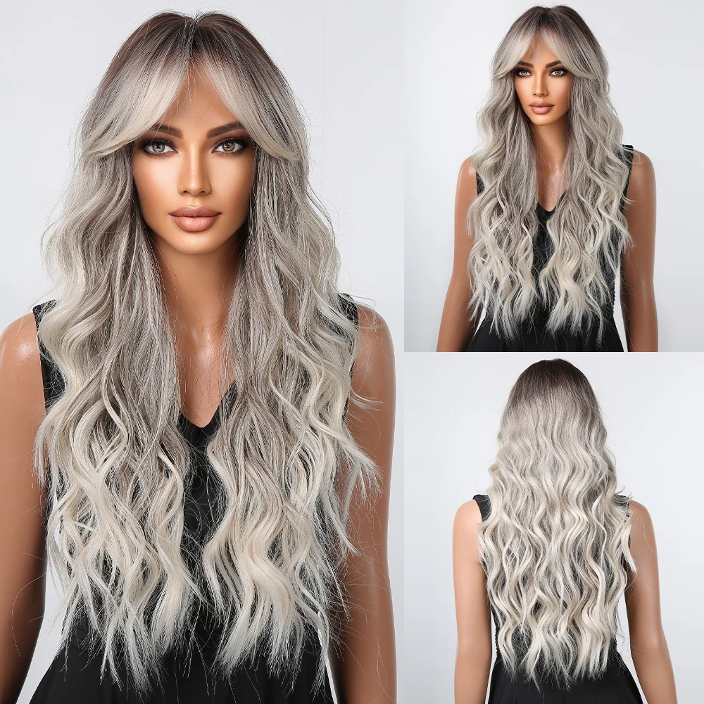 Long Curly Gray Blonde Cosplay Synthetic Wigs with Bangs for Women Afro Wavy Brown Ombre Wig Natural Daily Heat Resistant Hair