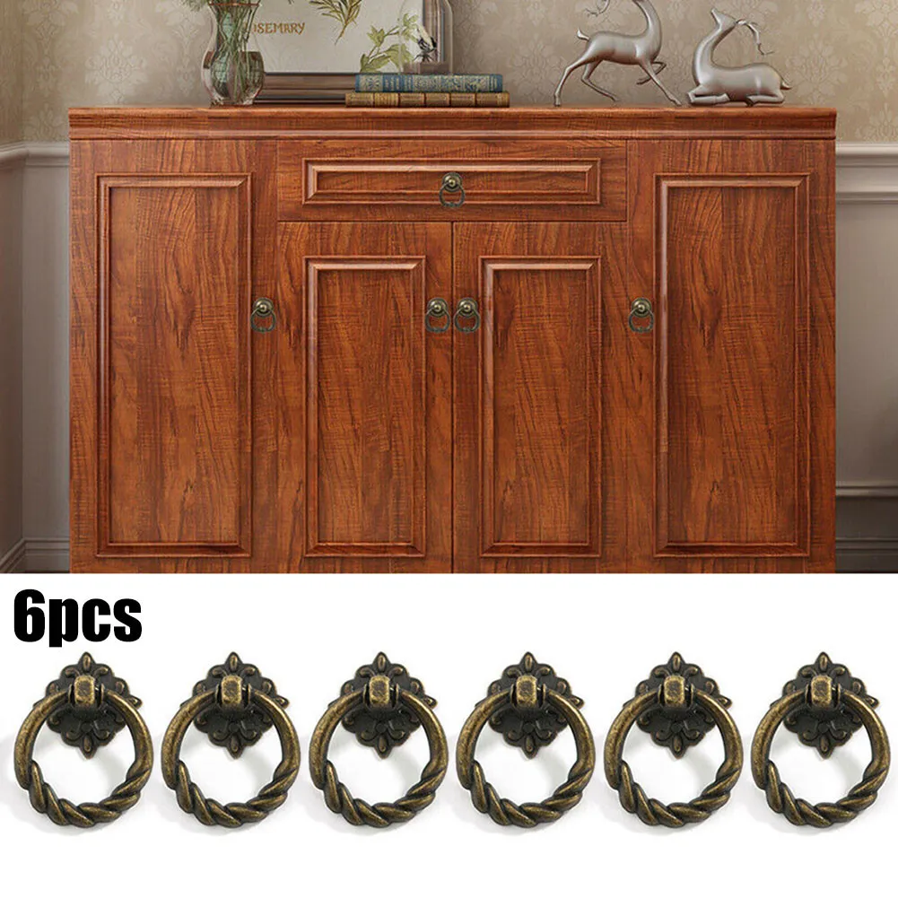 

6pcs Retro Vintage Cabinet Knob Drawer Dresser Door Cupboard Drop Ring Pull Handle Furniture Hardware Accessories