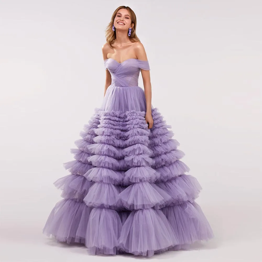 

Puffy Lilac Party Dresses Lace Up Ball Gown abiye gece elbisesi Luxury Ruffle Tiered Prom Gowns Dropped Sleeves Layered