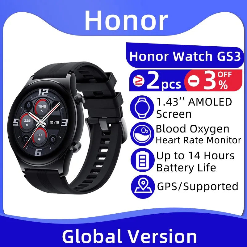 HONOR Watch GS 3 GS3 Smart Watch Dual-frequency GPS Blood Oxygen Monitor 1.43'' AMOLED Screen SmartWatch GPS Bluetooth Watch