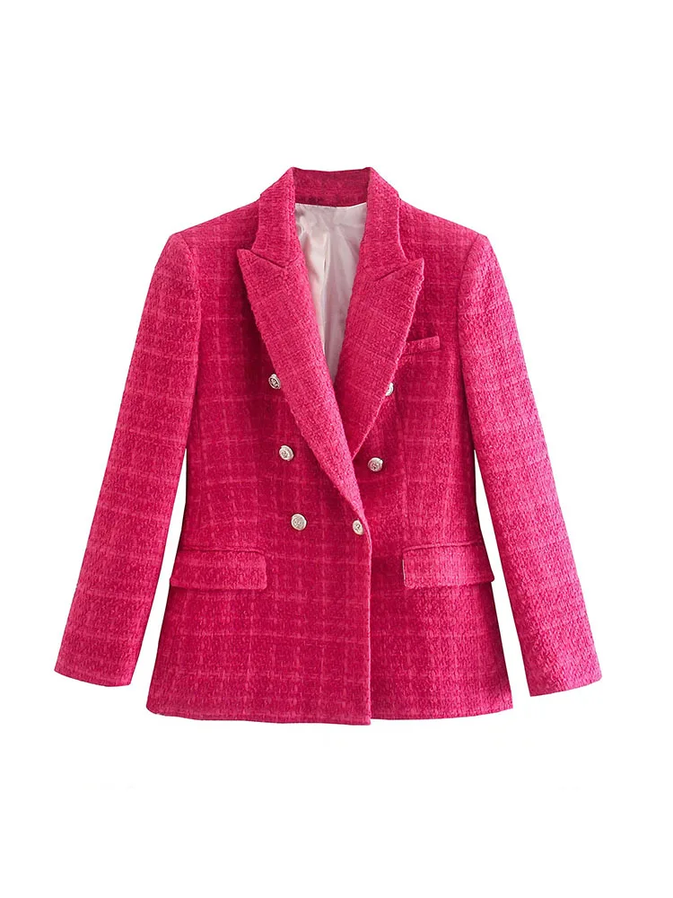 

Women 2022 Autumn New Fashion Textured Double-Breasted Lounge Blazer Coat Vintage Long Sleeve Pockets Female Outerwear Chic
