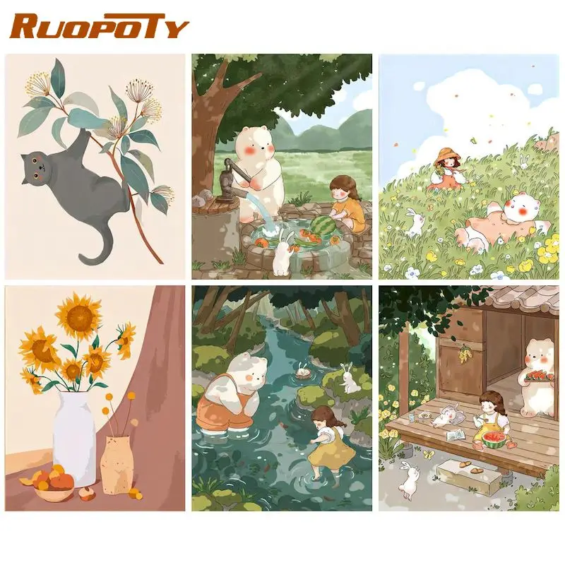 

RUOPOTY DIY Pictures By Number Cat Kits Drawing On Canvas Painting By Numbers Animal Hand Painted Picture Art Gift Home Decor