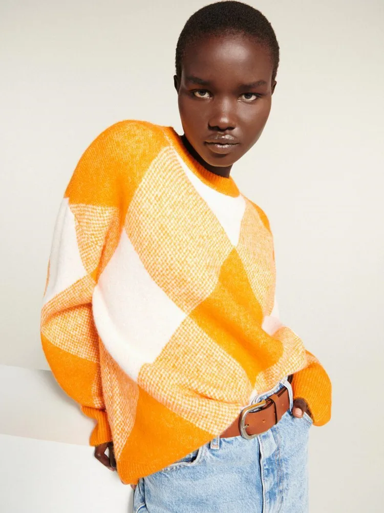 Женский вязаный свитер Za Свободный пуловер с рисунком ромбиками джемпер для